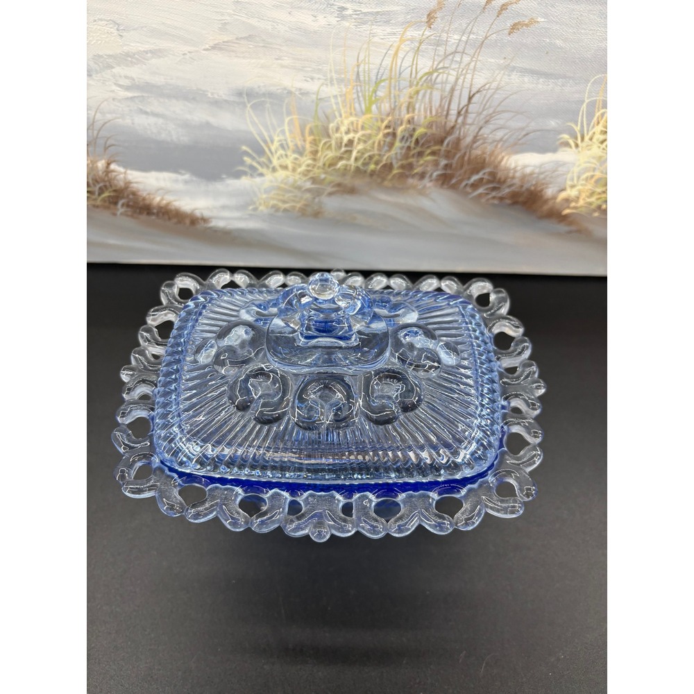 Vintage Indiana Glass Candy Dish & Lid Footed Pedestal Blue Ribbed Lace Edge - Picture 3 of 10